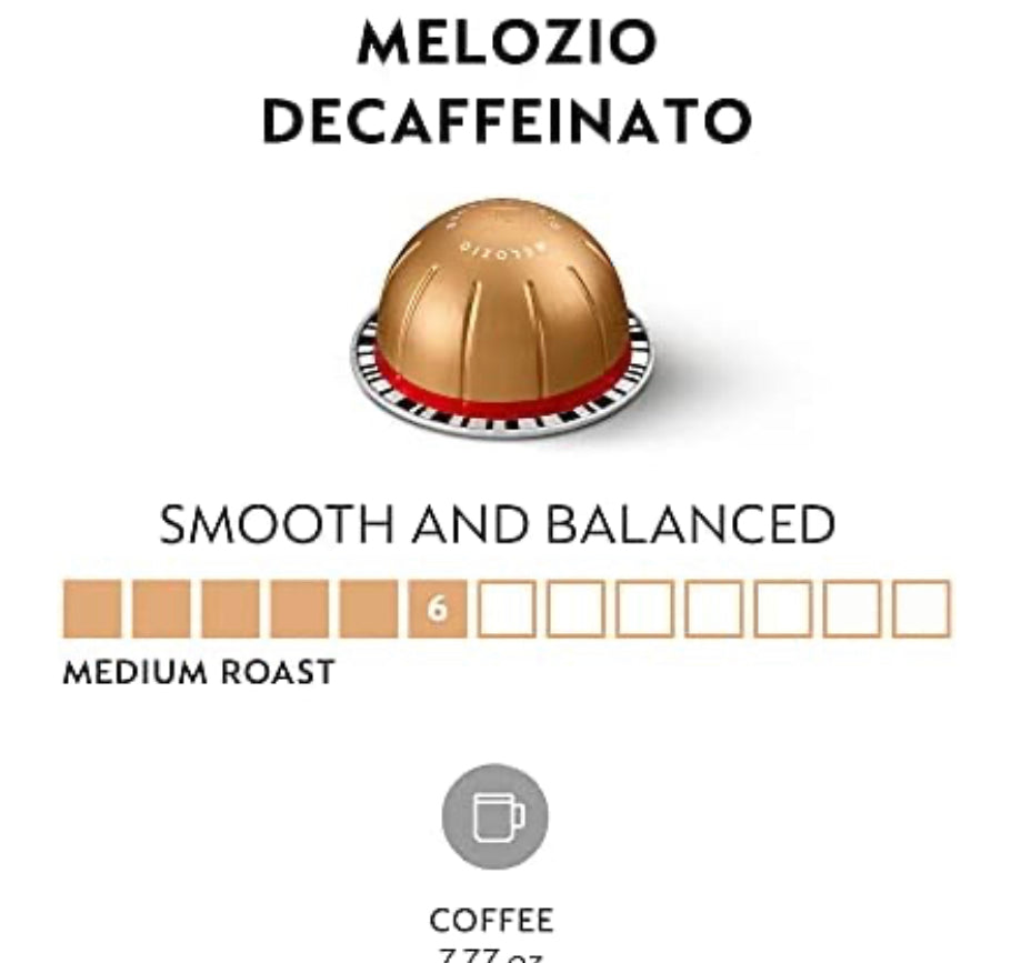 Nespresso Vertuo Melozio Decaffeinato, Medium Roast Espresso, 30 Count Coffee Capsules