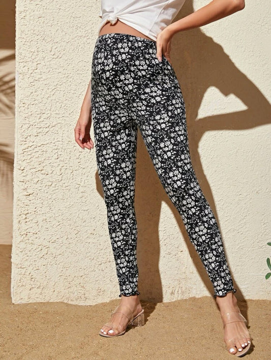 Maternity high waist allover floral print lettuce trim leggings