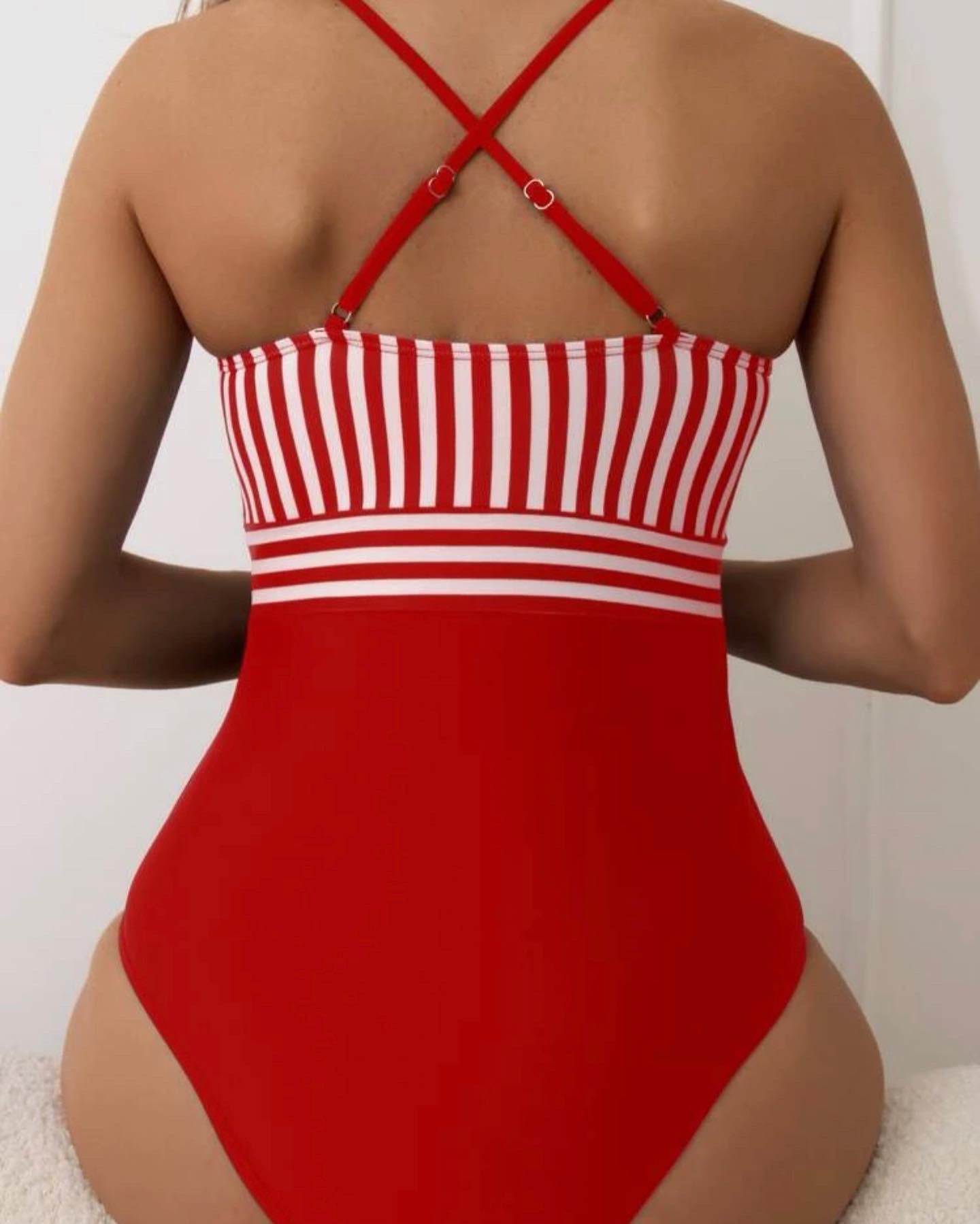 Red & white striped ruffle trim crisscross back one piece swimsuit