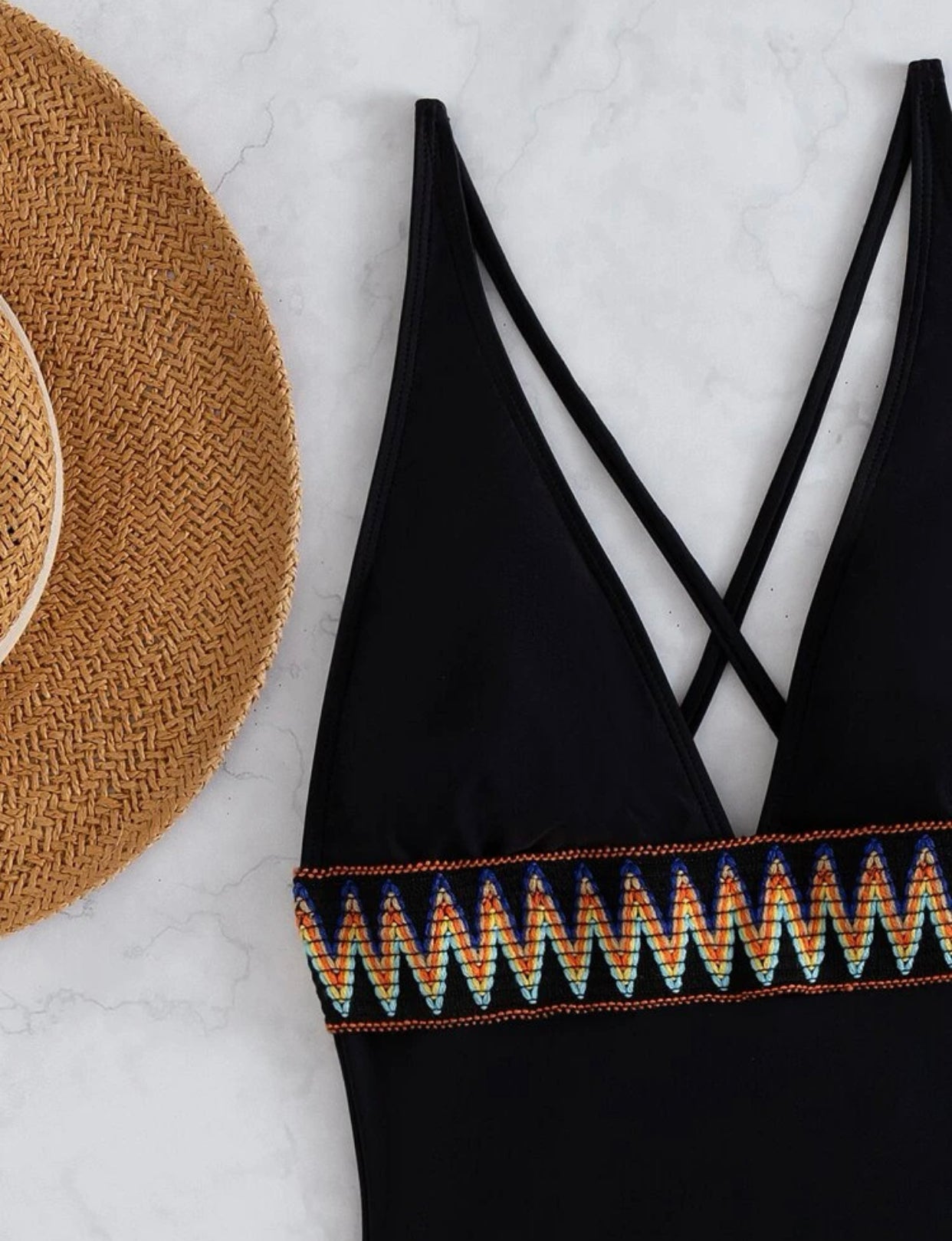 Geo tape plunging one piece swimsuit
