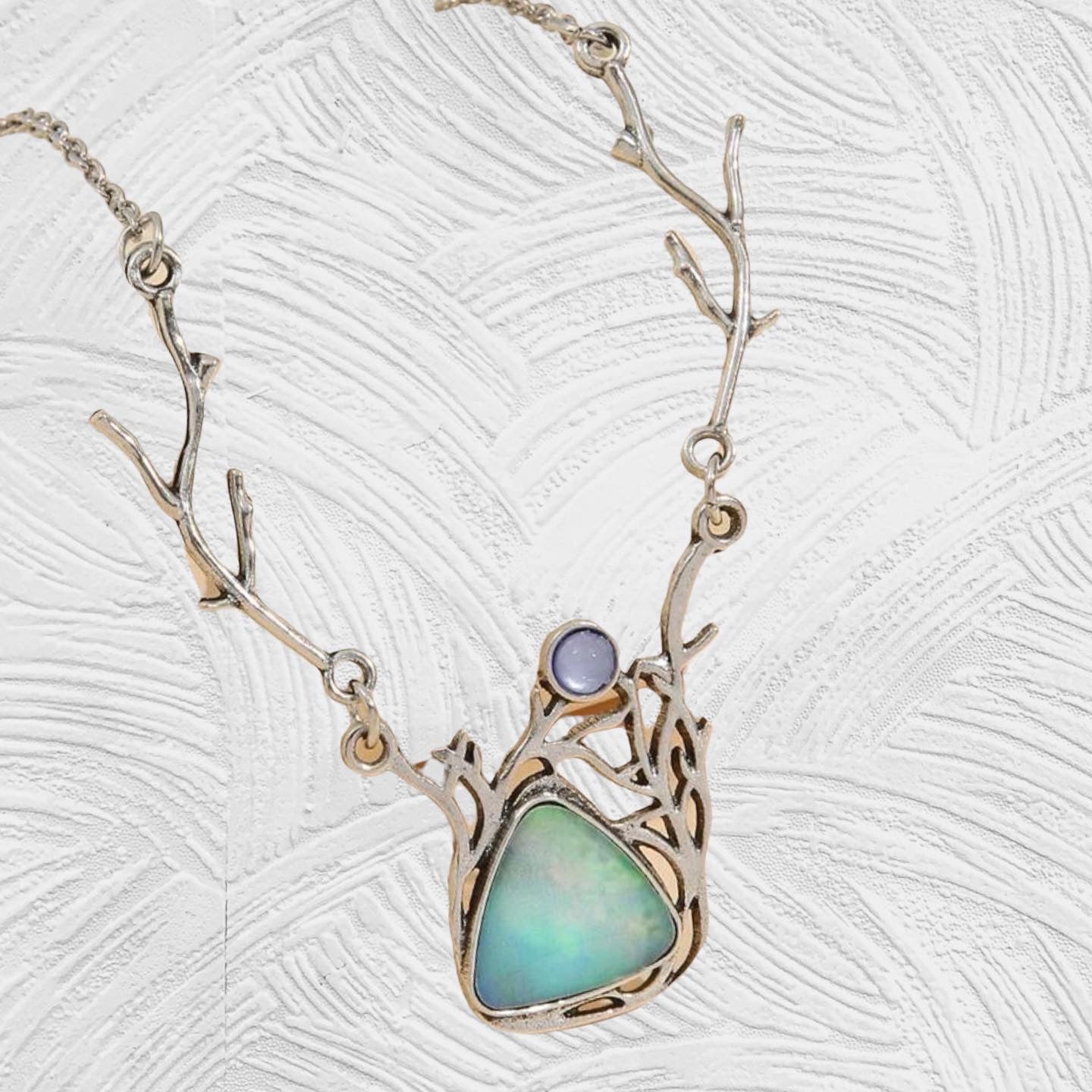 Opal inspired rhinestone decor antler charm necklace