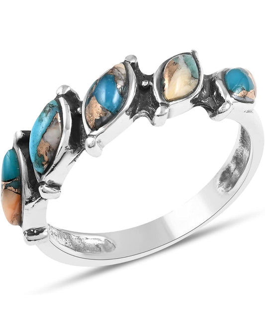Santa Fe Style 925 Sterling Silver Mix Spiny Turquoise 5 Stone Southwestern style ring. Size 10
