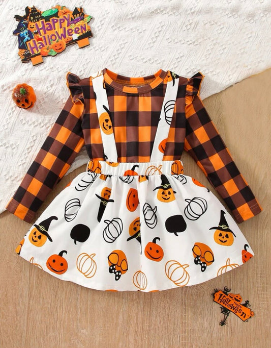 Toddler girls gingham print ruffle trim tee & Halloween print pinafore skirt