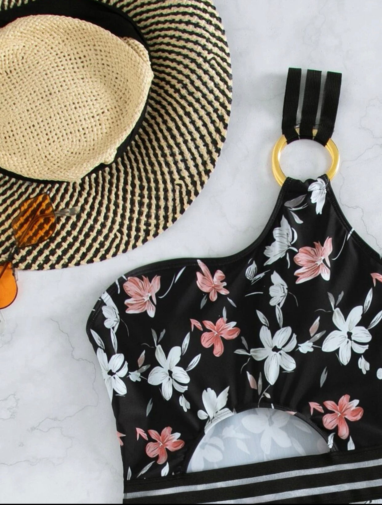 Floral ring linked contrast mesh one piece swimsuit