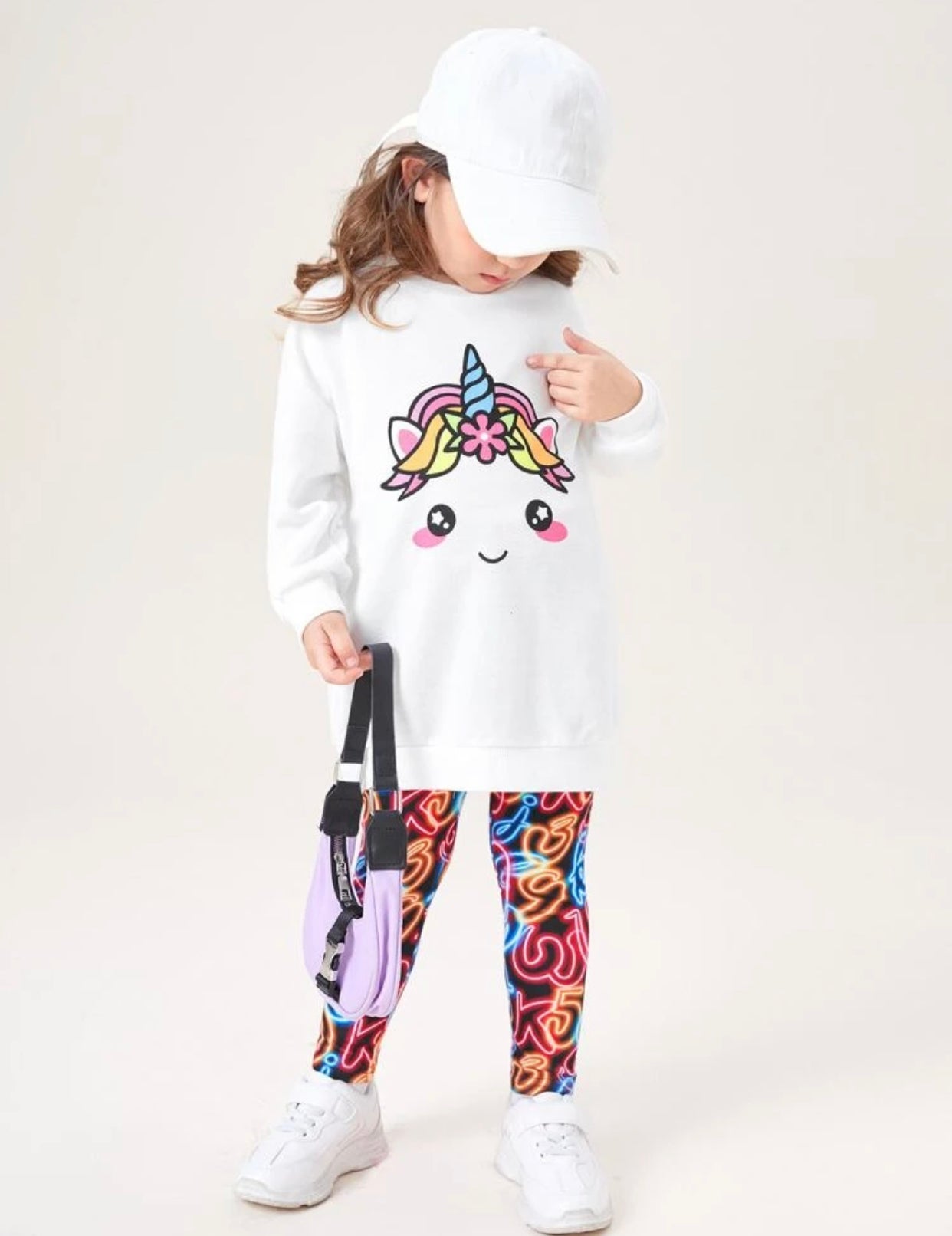 Toddler girls cartoon unicorn print drop shoulder pullover & graphic print leggings