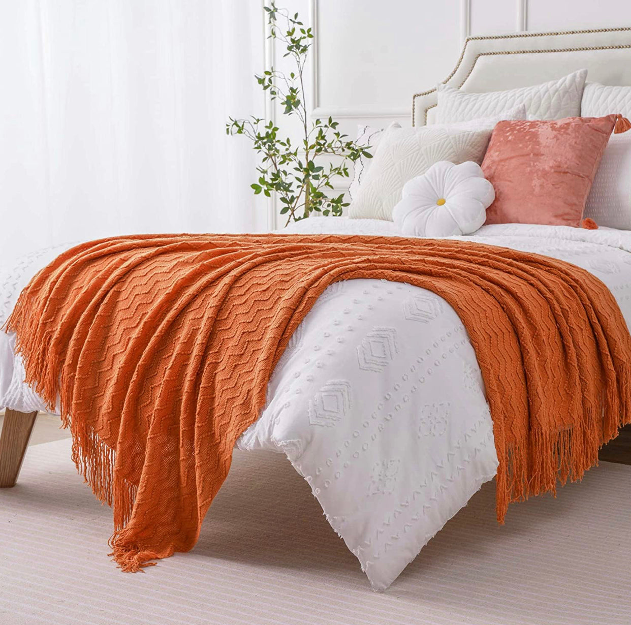 Burnt Orange Throw Blanket. Lightweight Textured Solid Fall Decor Throw, 50"x60".