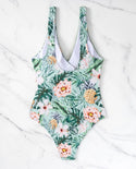 Tropical print knot side belted one piece swimsuit