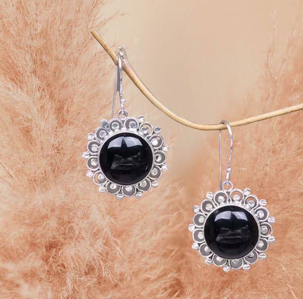 Dazzling Elegant Women Fashion Silver Earring Natural Gemstone Black stone dangle earrings