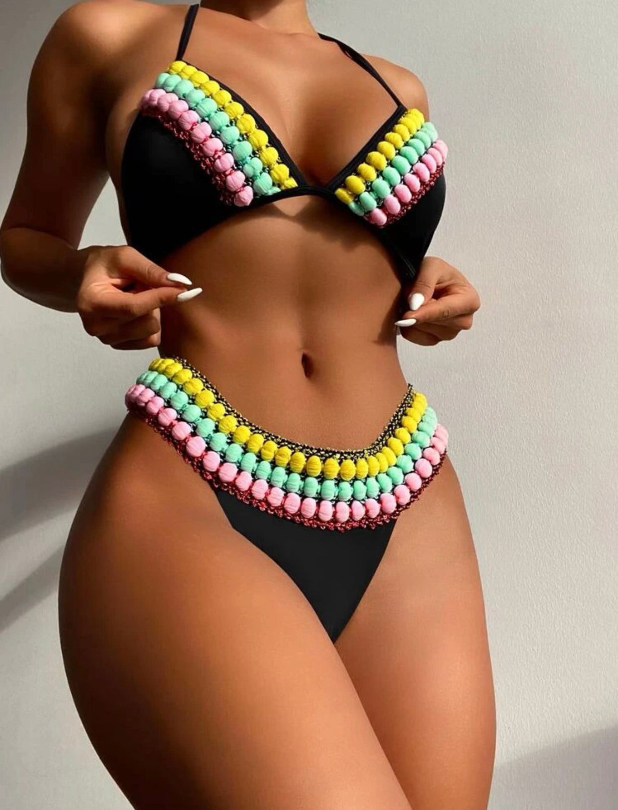 Colorful Pom-Pom decor halter bikini swimsuit
