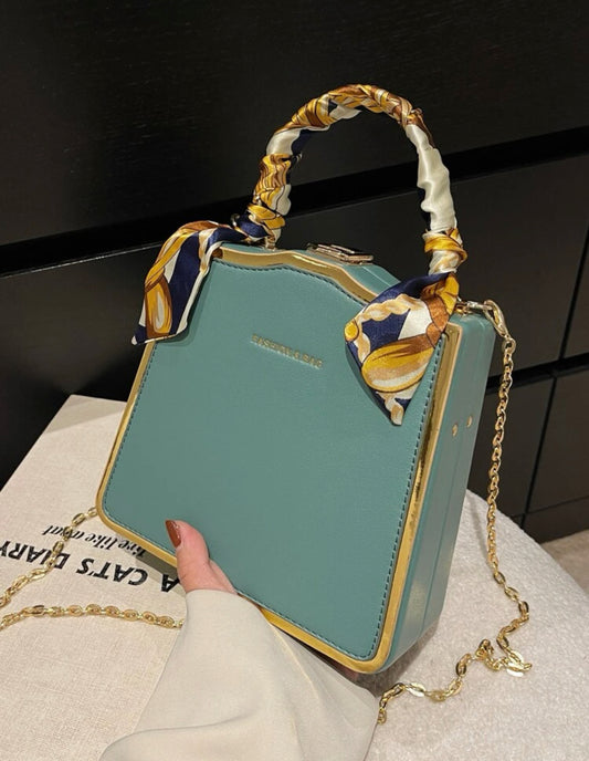 Green twilly scarf decor contrast binding chain box bag