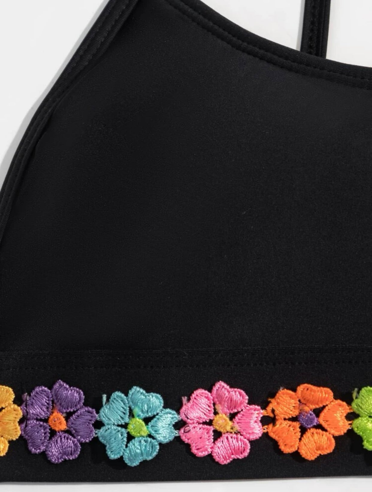 Flower embroidered trim high waisted bikini swimsuit