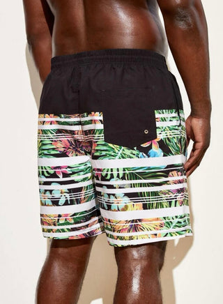 Extended sizes men striped and tropical print drawstring waist trunks
