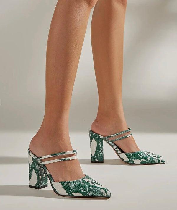 Vegan Snakeskin embossed point toe chunky heeled mules