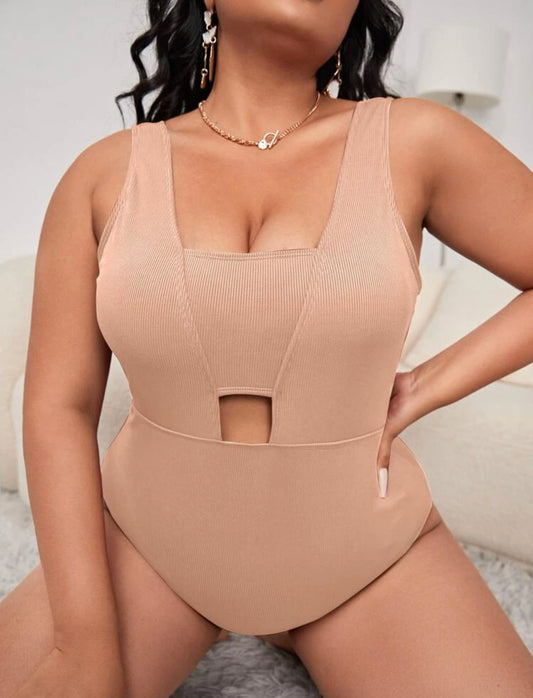 Plus Plain Rib Cut-out One Piece Swimsuit
