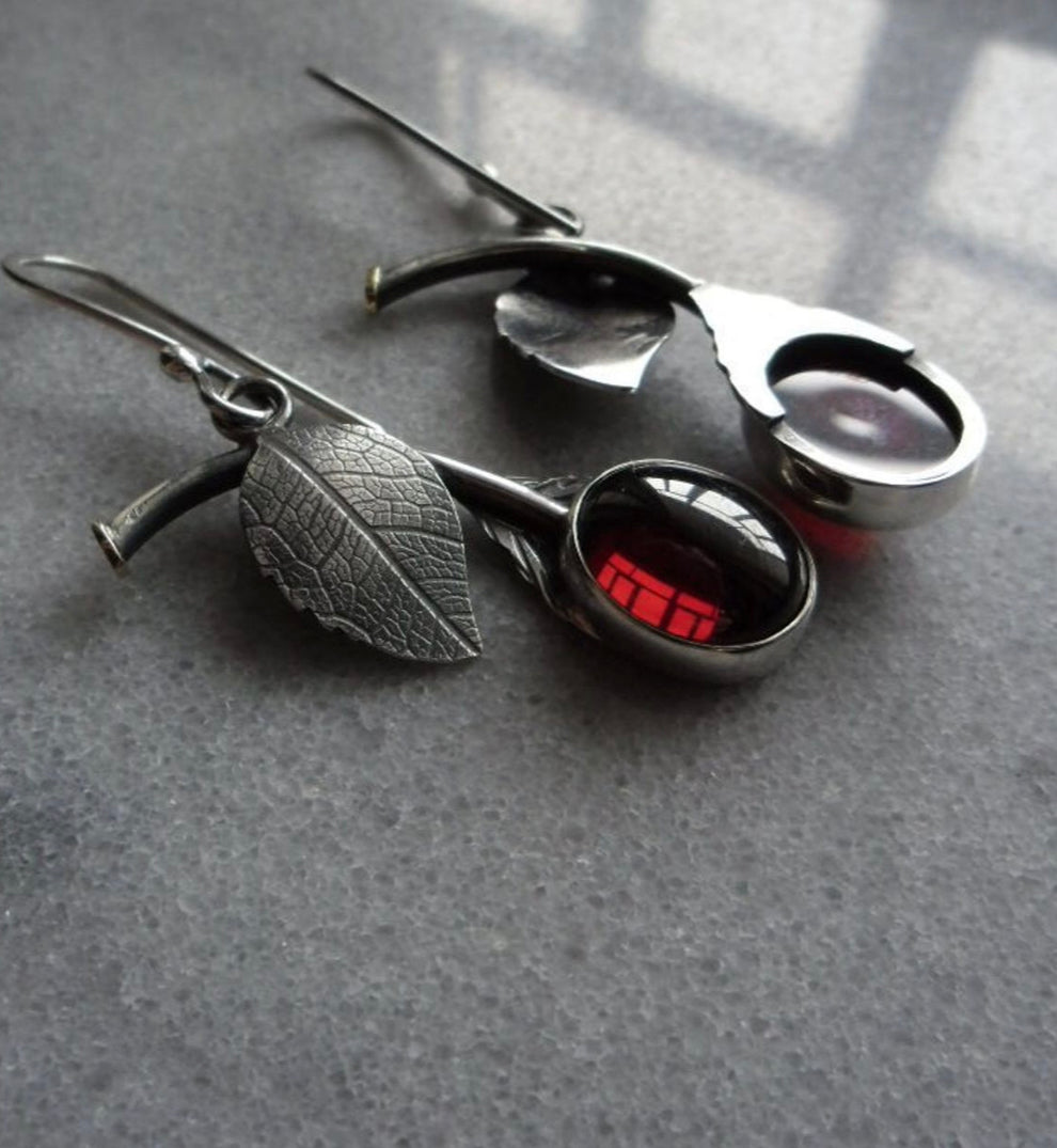 Red stone cherry decor silver plated earrings - Christina’s unique boutique LLC