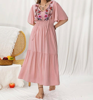 Curve & plus floral embroidered butterfly sleeve shirred waist dress