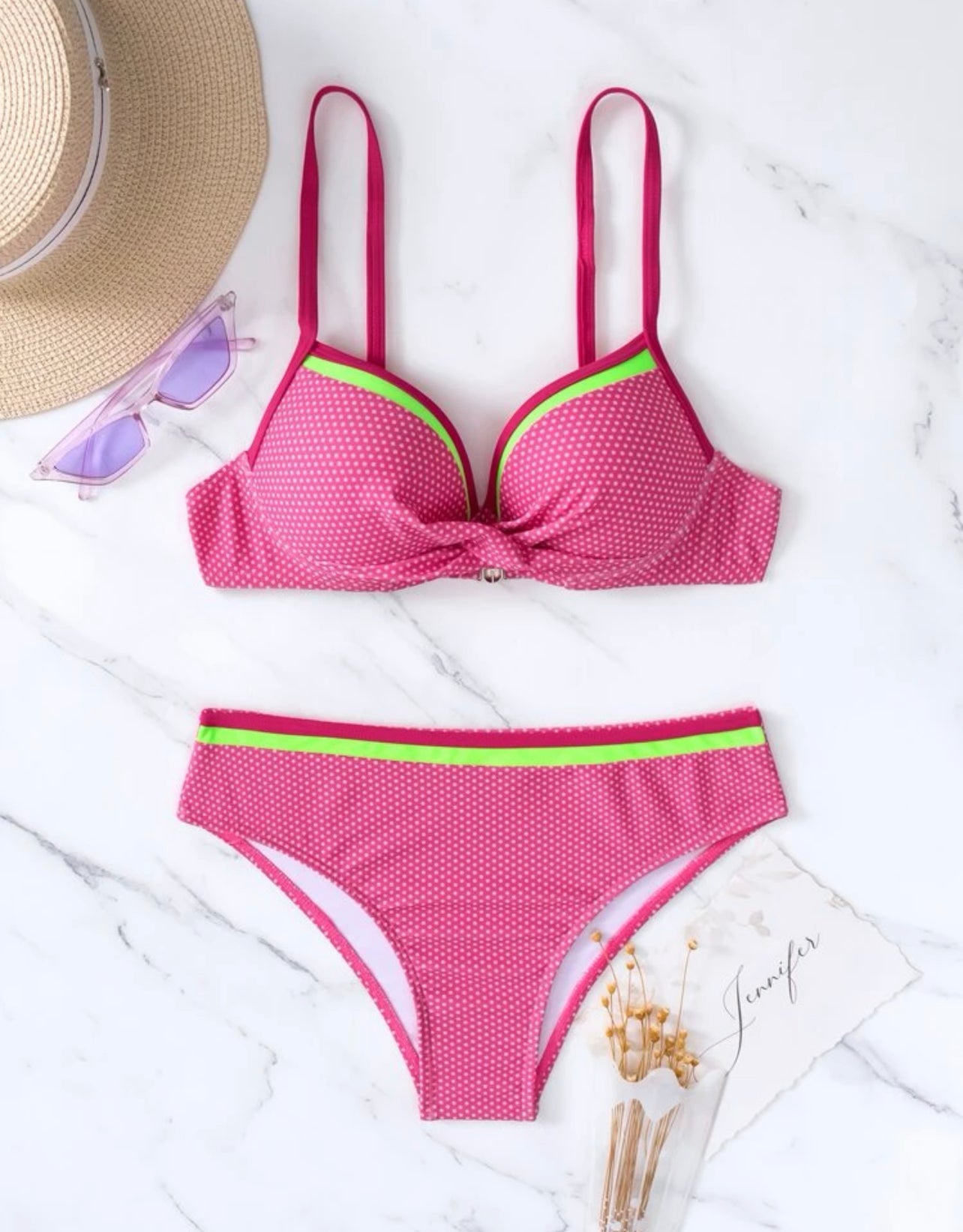 Polka Dot Print Contrast Binding Push Up Bikini Swimsuit