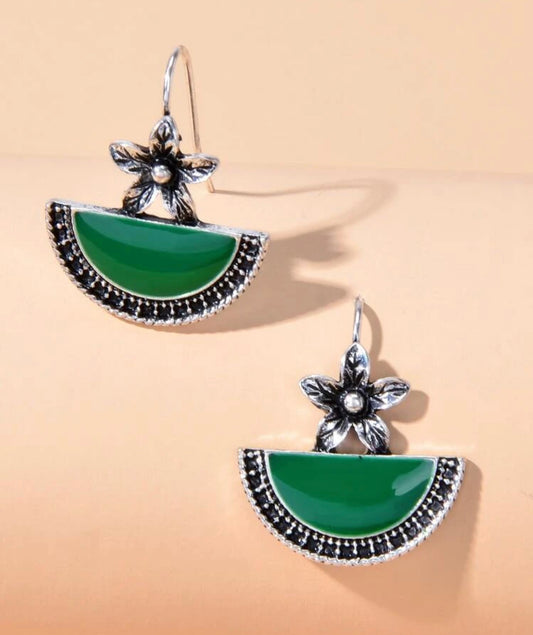 Green flower decor drop earrings
