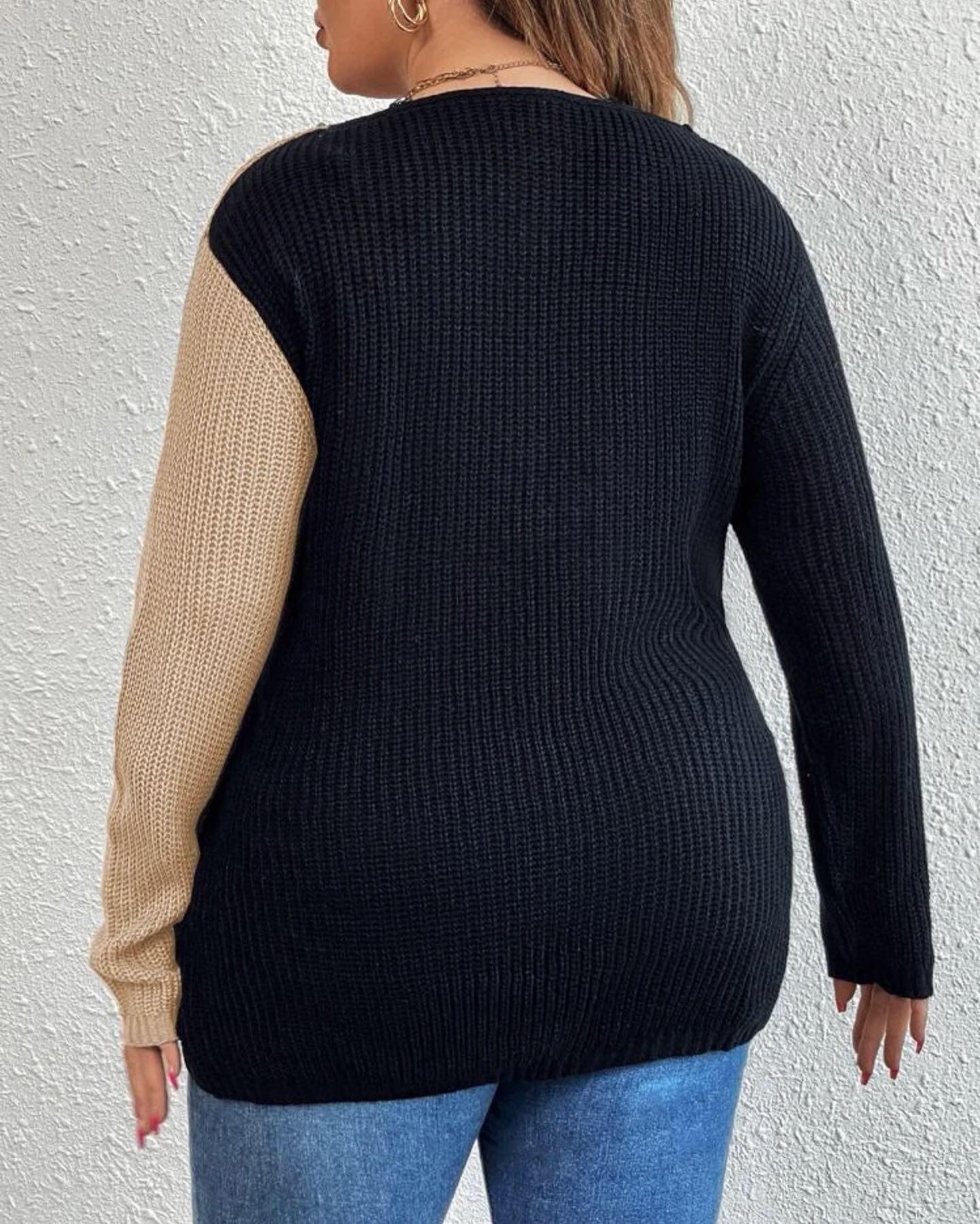 Curve & plus two tone eyelash lace panel drop shoulder crossover sweater
