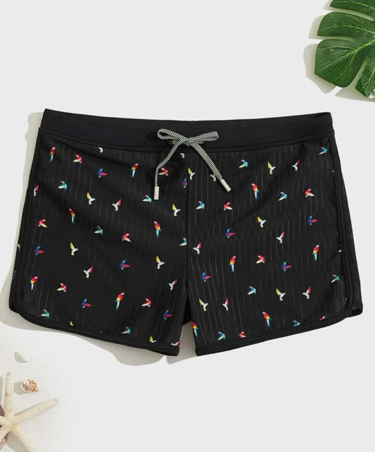 Men Bird Print Drawstring Waist Swim Trunks