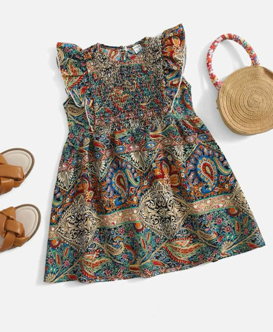 Toddler girls paisley print butterfly sleeve shirred dress