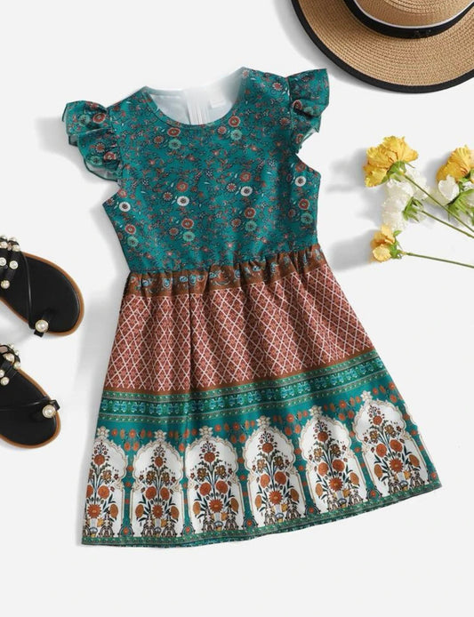 Toddler Girls Floral & Geo Print Ruffle Trim Dress