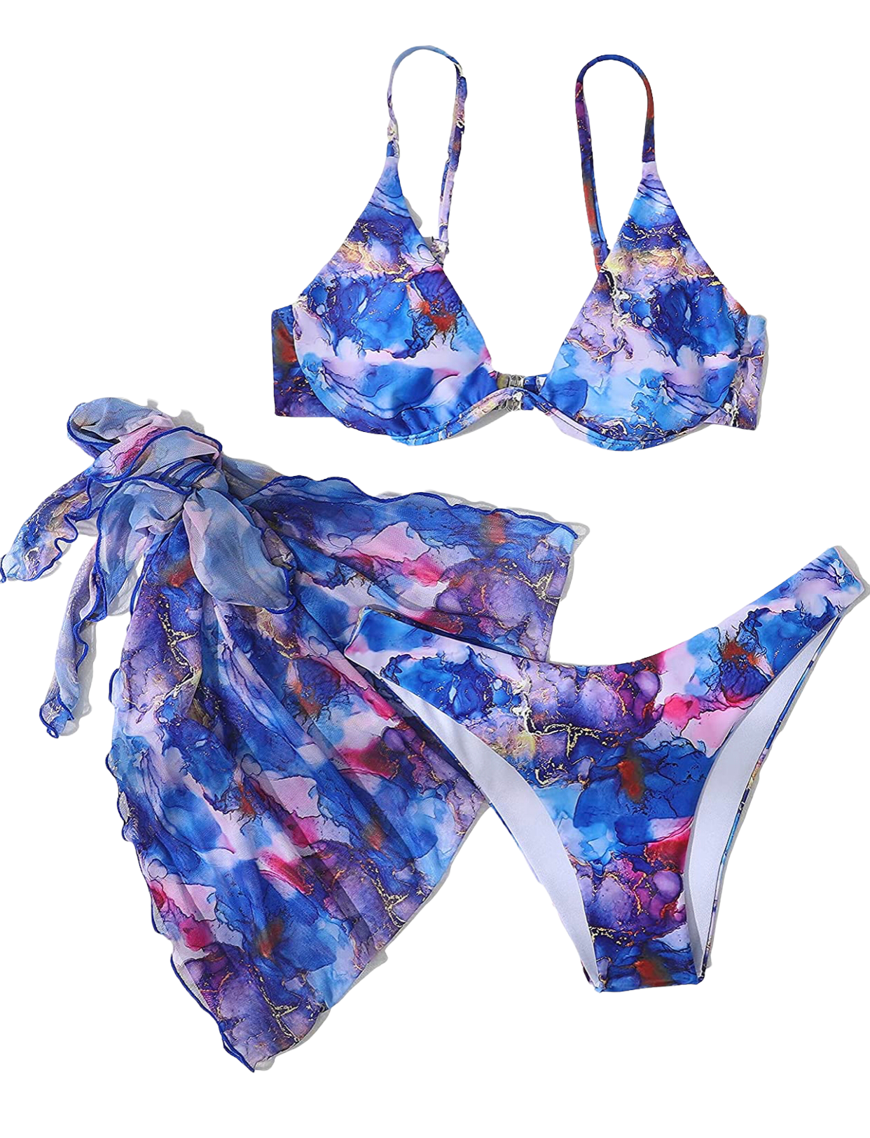 Women's 3 Piece Tie Dye Underwire Bikini Set Swimsuit and Cover Up Beach Skirt. Azure blue