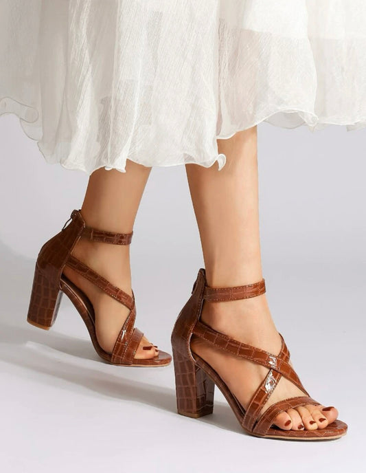 Vegan crocodile embossed criss cross chunky heeled sandals