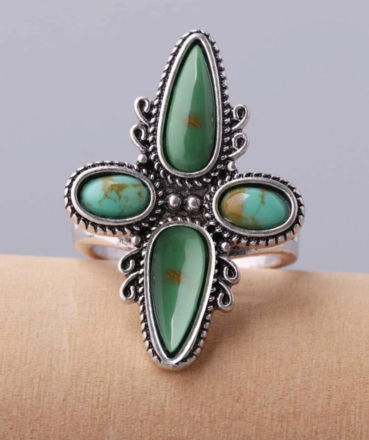 Water drop turquoise inspired textured metal ring. Size 8.