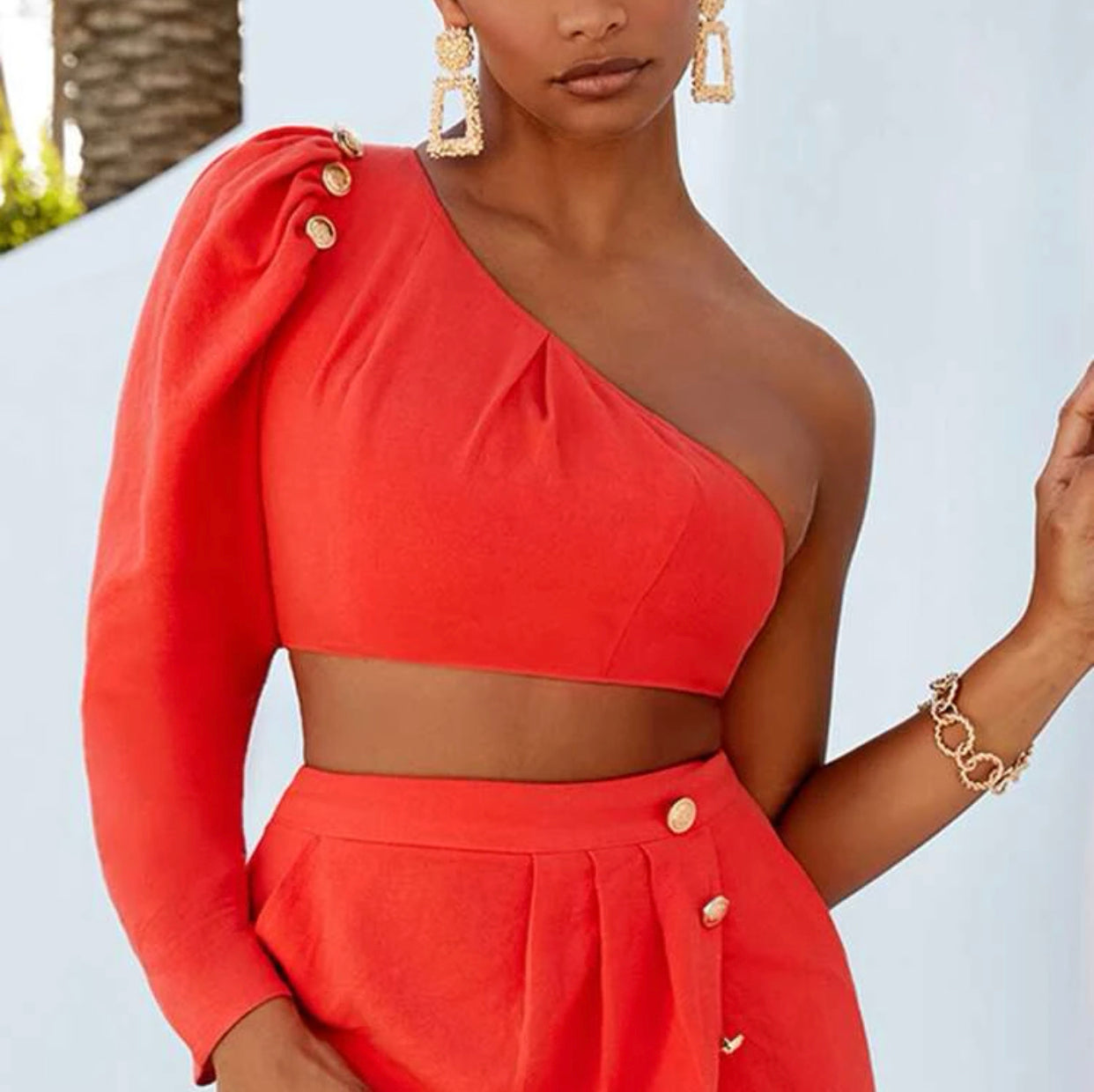 Coral orange, one shoulder button detail crop top