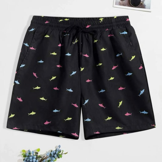 Men random shark print drawstring waist swim trunks