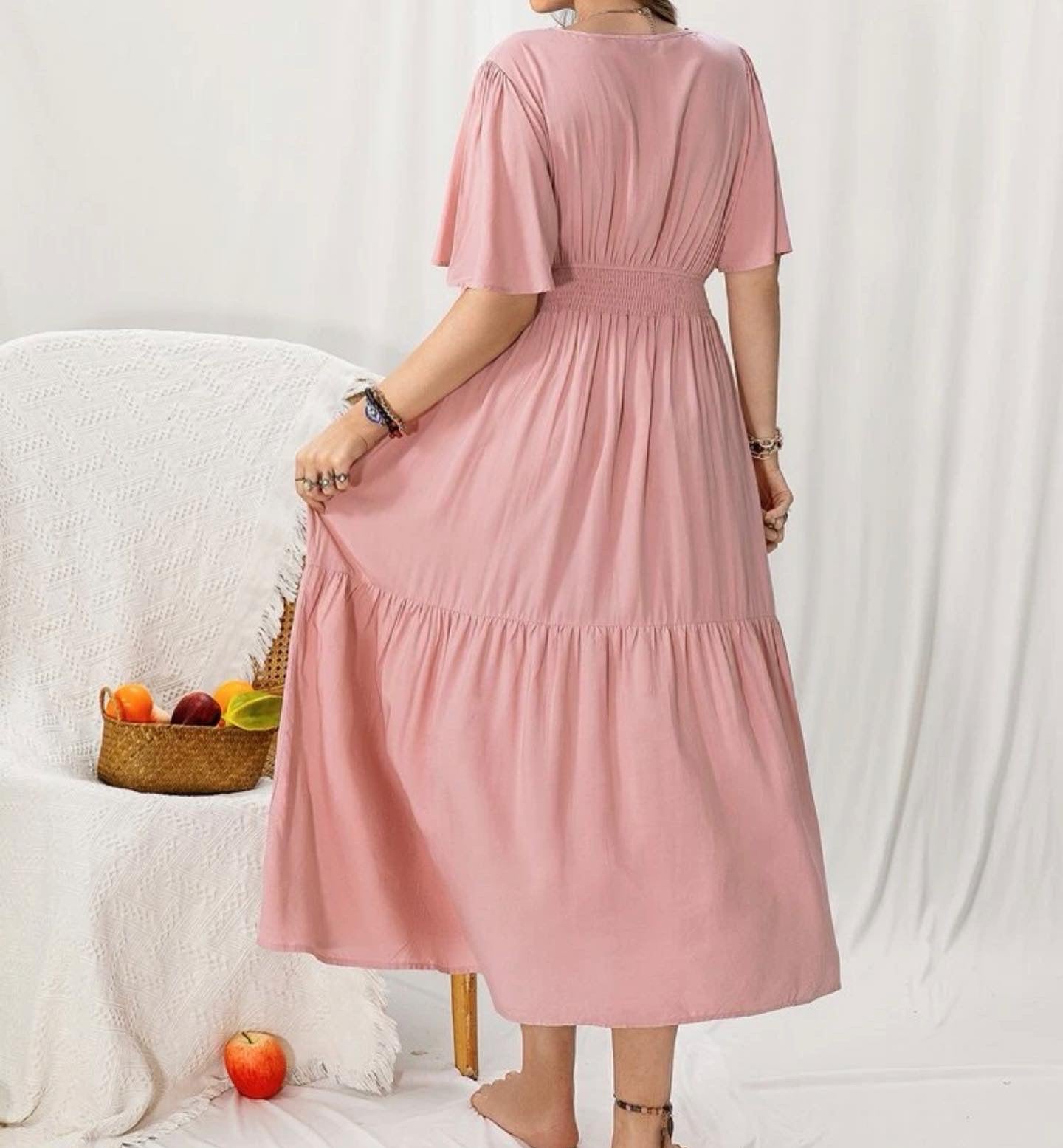 Curve & plus floral embroidered butterfly sleeve shirred waist dress