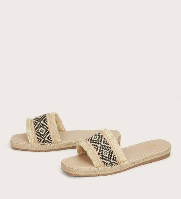 Geo graphic fringe detail slide sandals