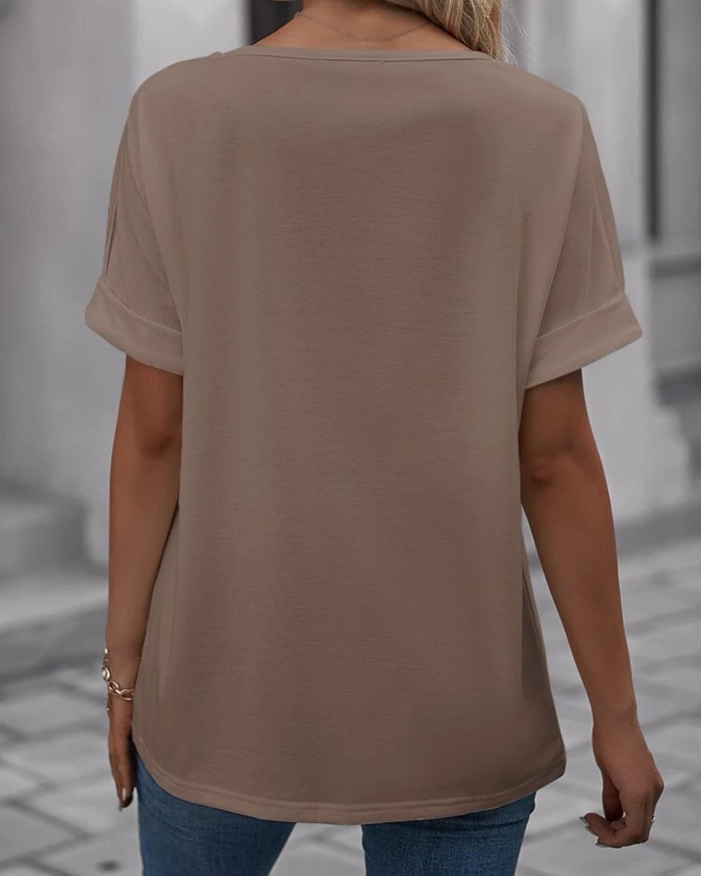 Mocha brown roll cuff batwing sleeve tee