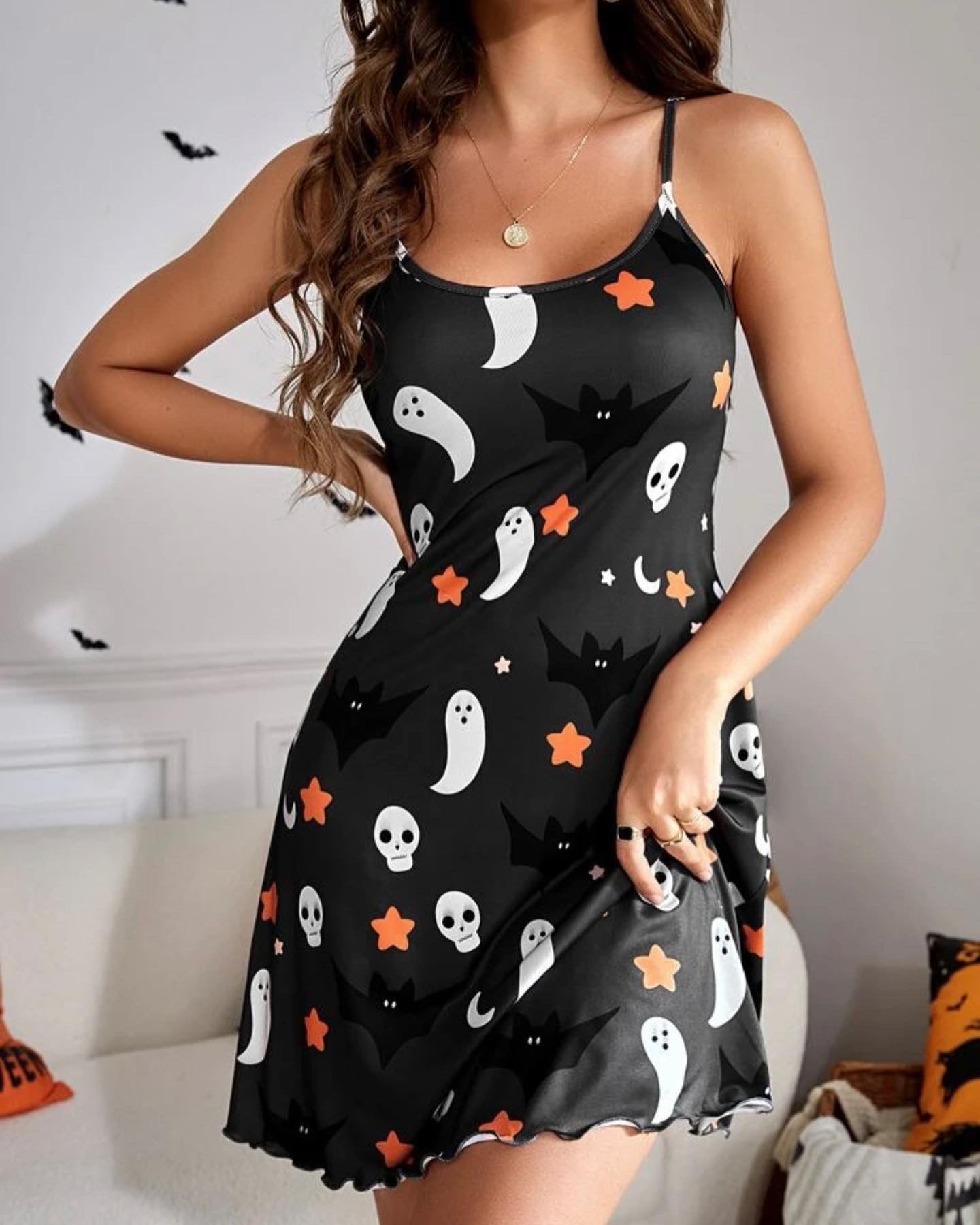 Halloween bat & skull print lettuce trim cami nightdress