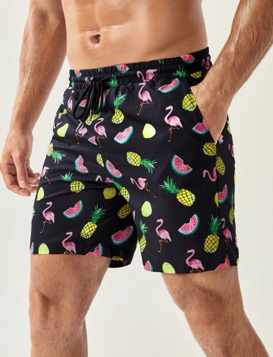 Men’s random fruit & flamingo print drawstring waist swim shorts