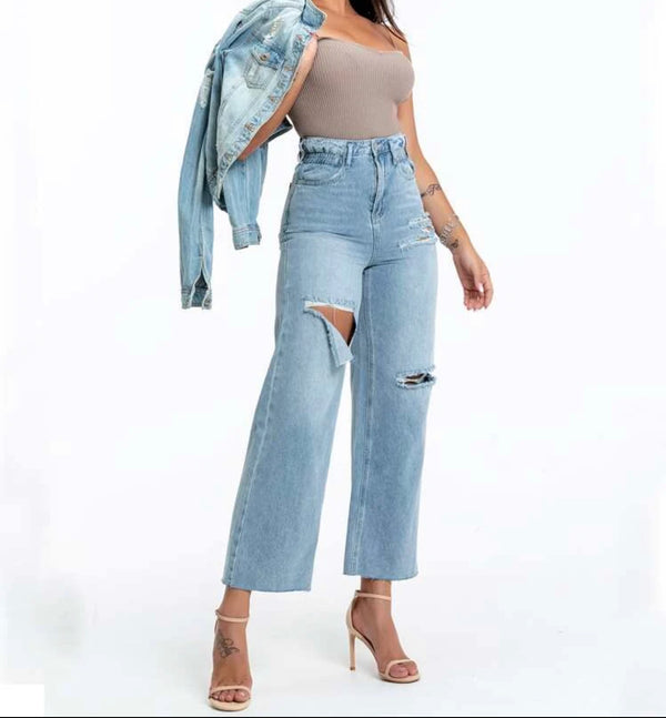 High waisted ripped detail palazzo jeans