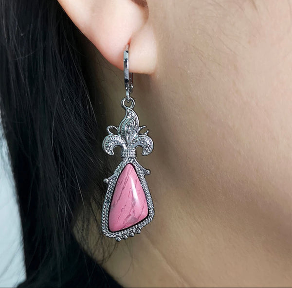 Triangle Pink Stone Drop Earrings