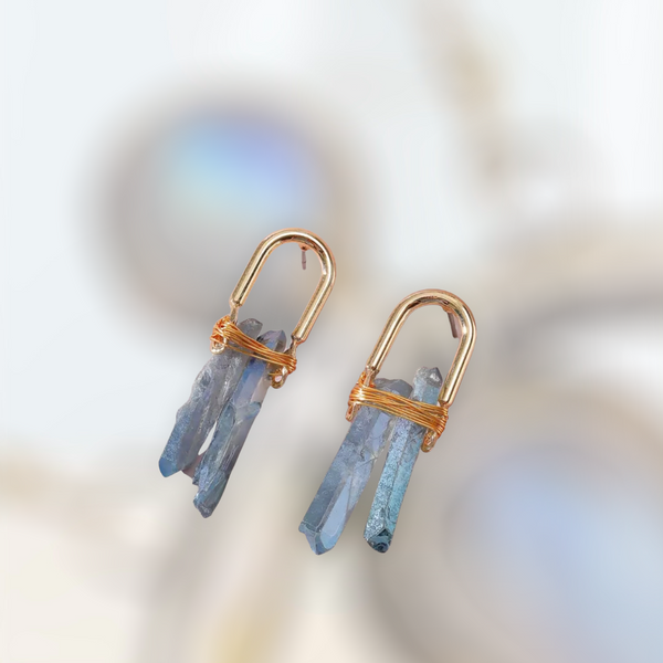 Women Trendy Handmade Copper Wrapped Statement Earrings with Blue Stone