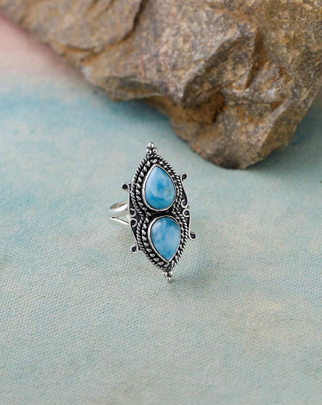 Natural Larimar Solid 925 Sterling Silver 2 Stone Designer Ring