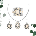 Jewelry Set Oval Floral Flower Earrings Cuff Bracelet Pendant Necklace for Women Boho Statement Stainless Steel Size 26