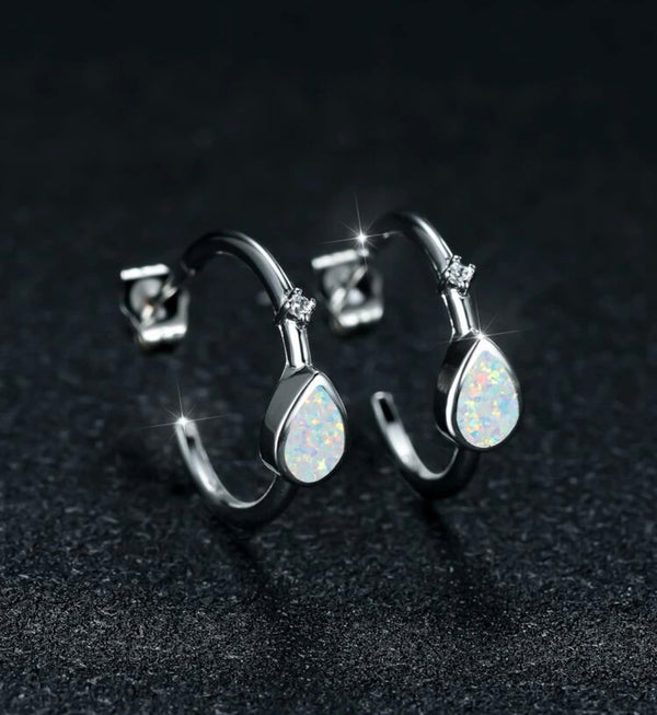 Opal water drop decor hoop earrings