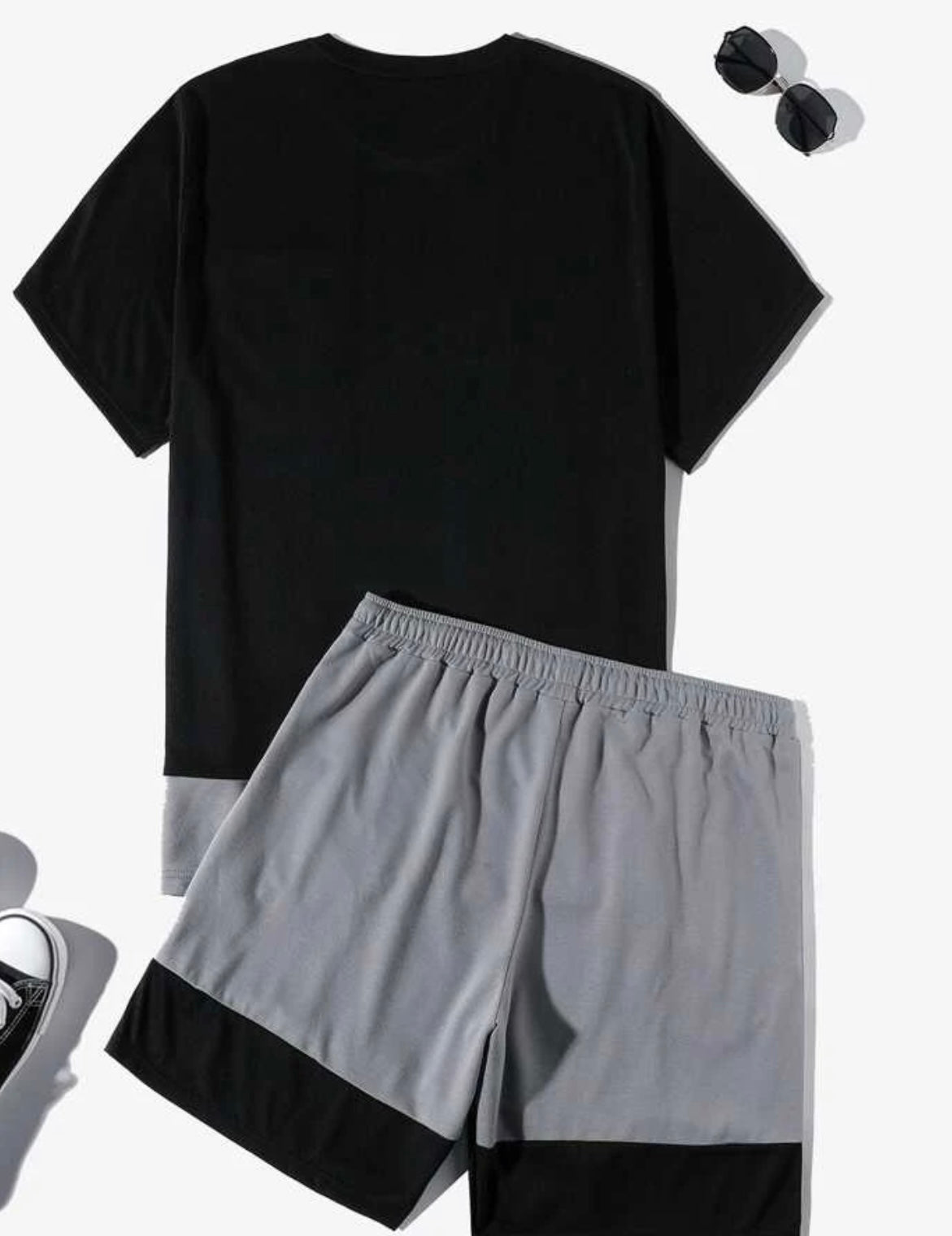 Extended sizes men color block patched pocket tee & drawstring waist short