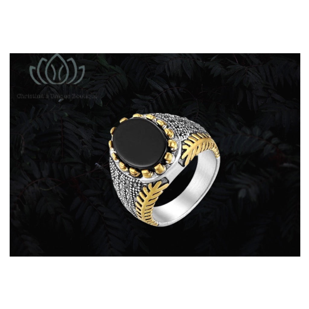Men’s signet, vintage black onyx stone (inlay). 100% stainless steel. - Christina’s unique boutique LLC