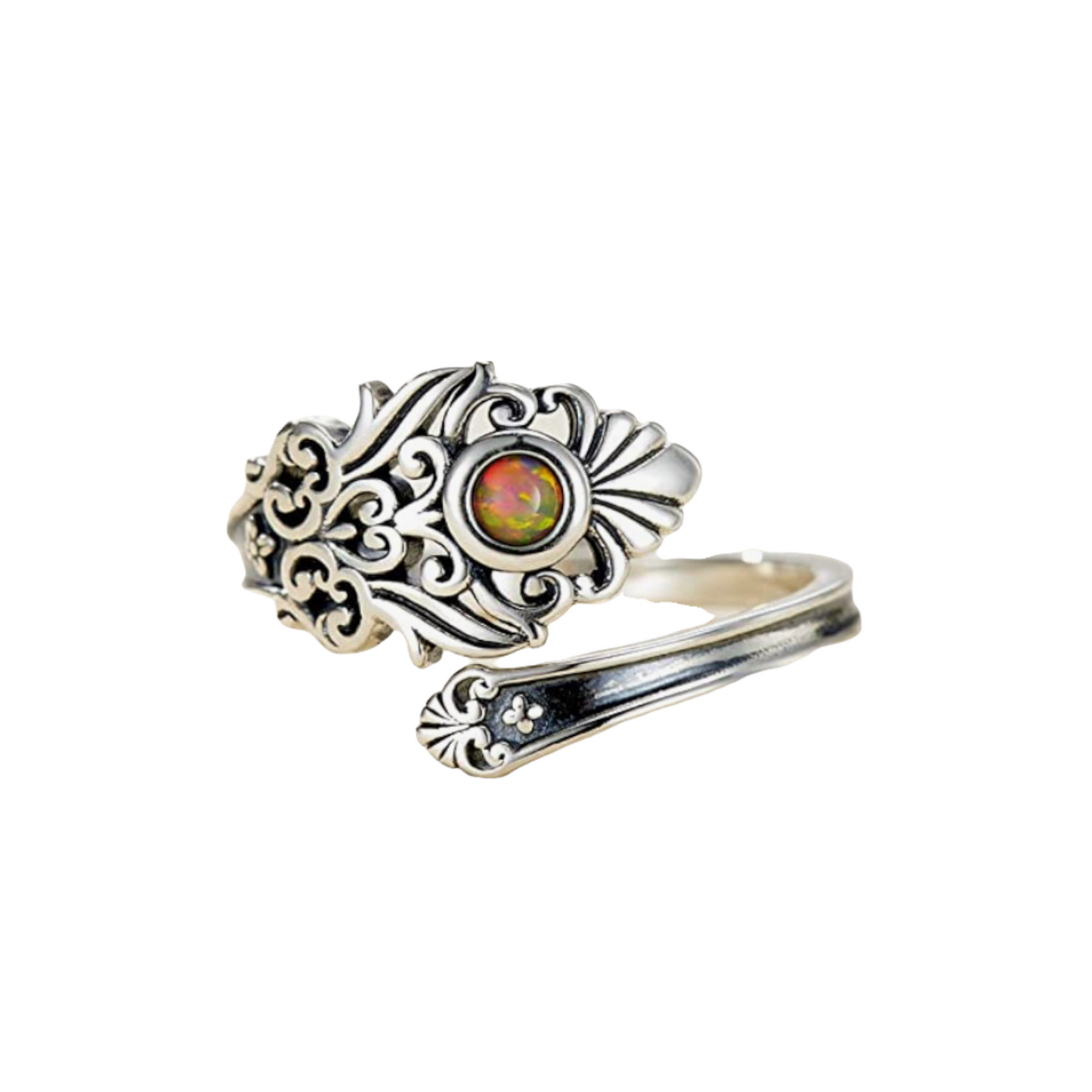 Fire Opal Sterling Silver Opal Spoon Ring - S925 Victorian Vintage Flower spoon ring