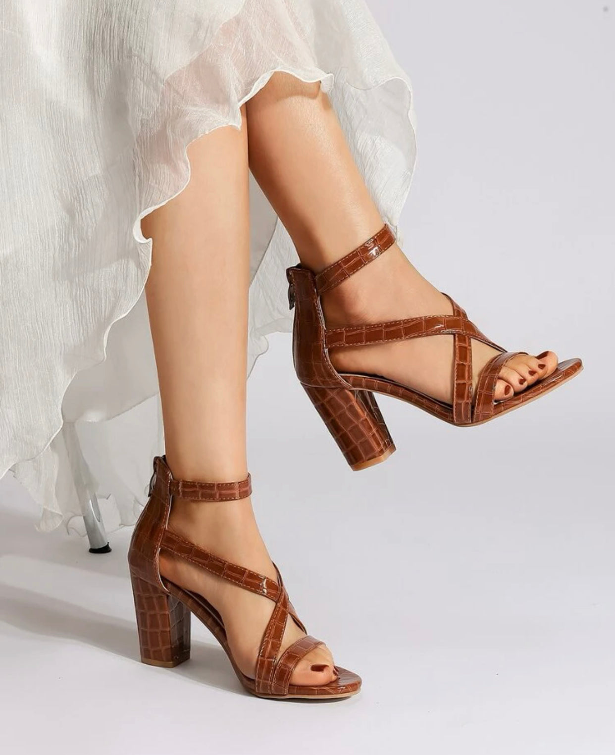 Vegan crocodile embossed criss cross chunky heeled sandals