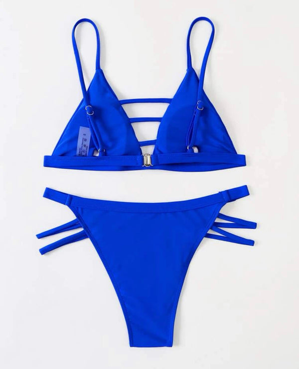 Cut out blue thong bikini swimsuit