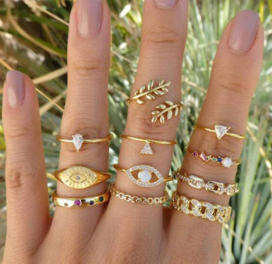 Dainty Gold Color Boho Rhinestones Rings (11pcs)