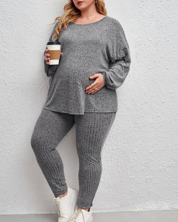Maternity drop shoulder rib-knit tee and leggings set