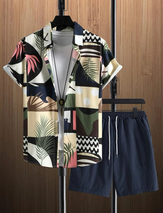 Men’s plant print shirt & drawstring waist shorts without tee